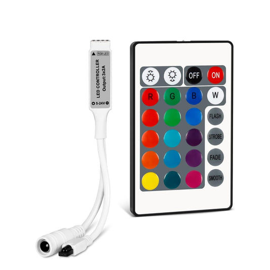 Mini 4 PIN LED Controller, 24 Keys IR Wireless Remote Control, DC 5V-24V RGB LED Light Strips Controller for SMD 3528 5050 5630 Light Strips