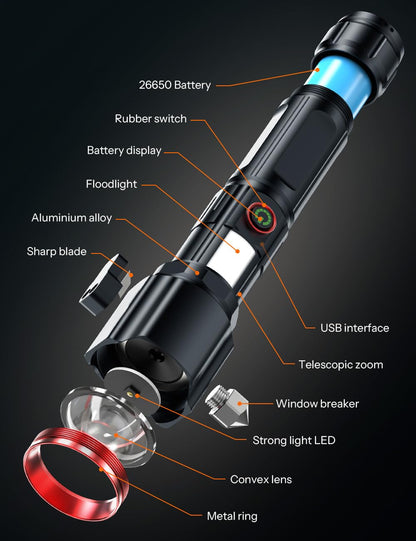 Rechargeable Torch Light High Power, 10000 Lumens Flashlight with 5 Light Modes, Side Light, Adjustable Focus Torch Lights Rechargeable, Window Breaker and Cutter, IP45, Aluminum Alloy, Black