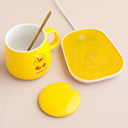 250ml Cartoon Yellow Duck Constant Temperature 55 Degree Ceramic Mug With Lid And Spoon, Heated Coaster Gift Box-Little Yellow Duck - Gift Box Package