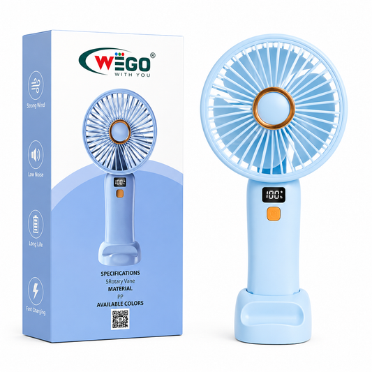 WEGO Smart Mini Portable Handheld Fan WG-9913 – Rechargeable USB Cooling Fan with Digital Display, 5 Speed Modes, Low Noise Operation, Long Battery Life, Fast Charging & Compact Travel Design for Home, Office & Outdoor Use