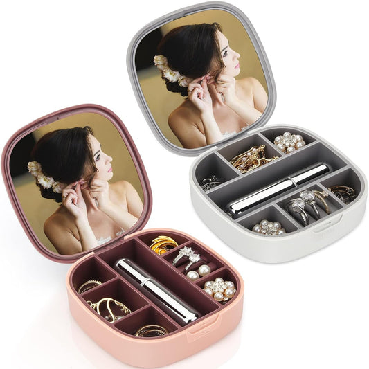Portable Jewelry Organizer, Convenient Mini Travel Jewelry Box Makeup Mirror Tangle Proof Ring, Necklace, Earring Jewelry Storage Box