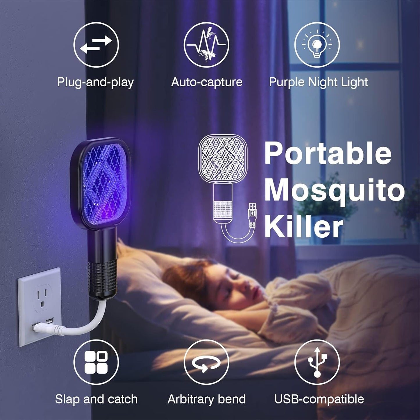 USB Mini Mosquito Swatter, Portable Fly Killer, Insect Killer for Pest Control, Mosquito Bat for Indoor and Outdoor Use 1 Pack (No Built-In Battery)