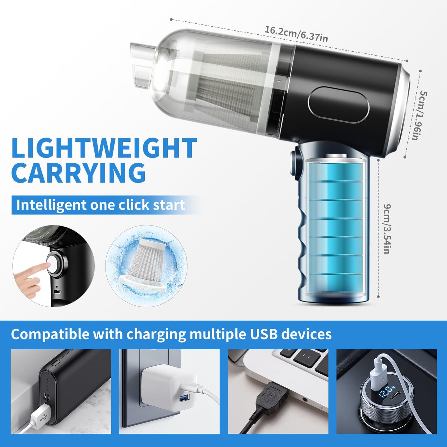 3 in 1 Car Vacuum Cleaner, 12000PA High Power Handheld Vacuum Cordless Portable Mini Vacuum Cleaner Car Accessories, Compressed Air Duster Keyboard Cleaner for Car,Desktop,Pet Hair Cleaning