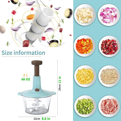Food Chopper - 6 in 1 Manual Food Chopper Quick Press - 2L Large Vegetable Chopper - Perfect for Onion, Baby Food, Spices, Garlic, Fruits, Nuts and Meat Chops - 4 Blades