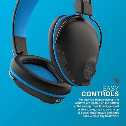 JLab JBuddies Pro Wireless Over-Ear Kids 2 in 1 Headphones Wireless+Wired | 35+ Hour Battery Life | Built-in Volume Regulators for Safety | Share Mode | Folding | Adjustable | Noise Isolation | with Mic | Blue