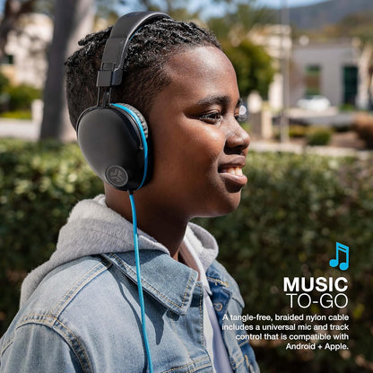JLab JBuddies Pro Wired Over-Ear Kids Headphones, Built-in Volume Regulators for Safety, Folding, Adjustable, Noise Isolation, with Mic, Blue