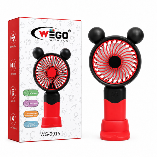WEGO WG-9915 Portable Rechargeable Mini Fan – Cute Cartoon Ear Design USB Cooling Fan with 3 Speed Modes, 2–3 Hours Battery Backup Depending on Speed, Low Noise High Airflow, Compact Handheld & Desktop Fan for Kids, Home, Office, Travel & Outdoor Use