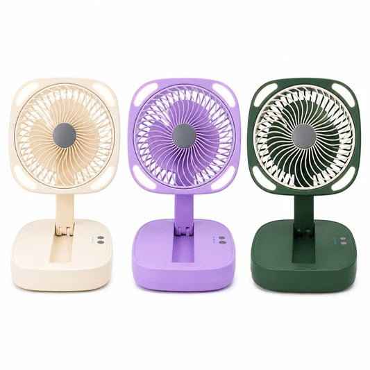 Portable Desk Fan, USB Rechargeable Quiet Fan Oscillating Table Fan with 4 LED Light, Air Circulator Personal Foldable Cooling Fan with 3 Speeds for Home Office Bedroom