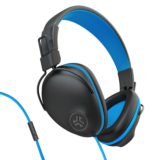 JLab JBuddies Pro Wired Over-Ear Kids Headphones, Built-in Volume Regulators for Safety, Folding, Adjustable, Noise Isolation, with Mic, Blue