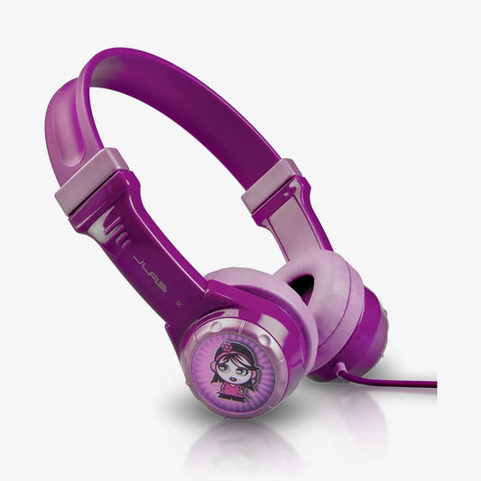 JLab JBuddies Kids - Safe Volume Regulator  Easy Volume Control  Comfy & Strong  With 8 3-D Stickers Volume Limiting Headphones, Guaranteed for Life - Purple